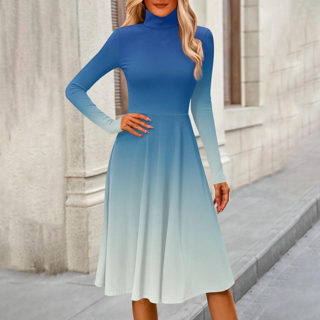 Women's Casual Fashion High Neck Long Sleeve Print Midi Dress