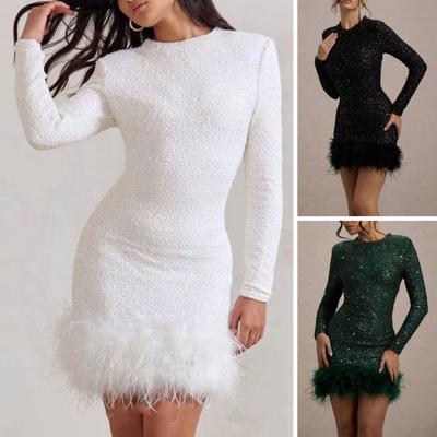 Women's Sequin Feather Trim Mini Dress Long Sleeve Sexy Shiny Bodycon Dress