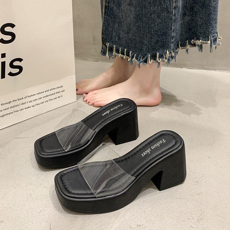 European and American high-heeled slippers women's summer outer wear 2025 foreign trade new transparent one-word strap sandals