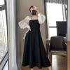 Women's Square Neck Long Sleeve A Line Midi Dress Vintage Elegant Solid Color Fall Dress