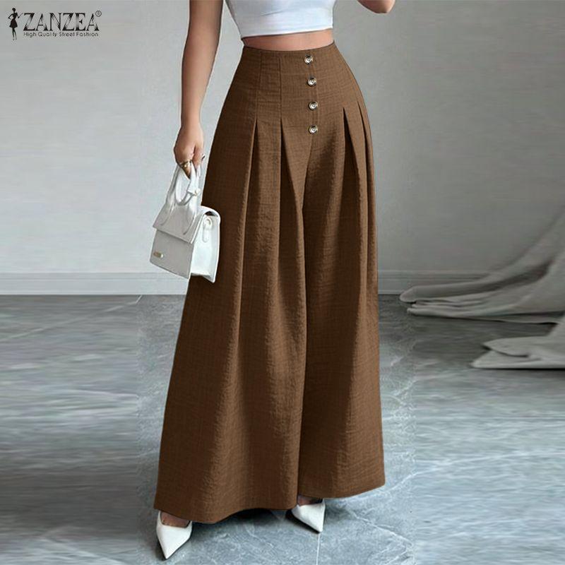 ZANZEA Damskie casualowe elastyczne spodnie z wysokim stanem, luźne, szerokie nogawki