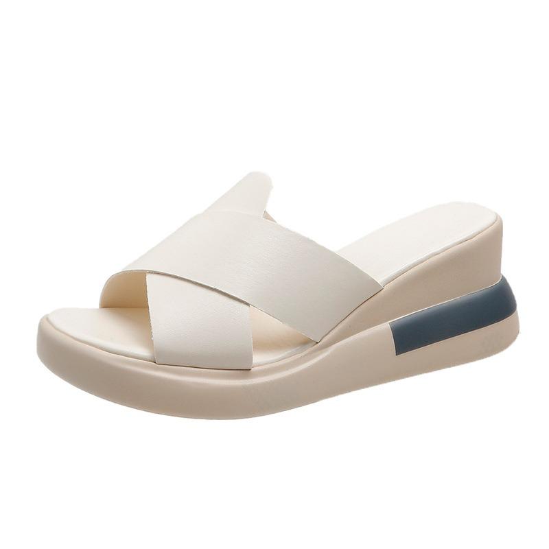 Muffin thick-soled wedge heel sandals women's summer outer wear empty cross solid color cool slippers large size high-heeled sandals women