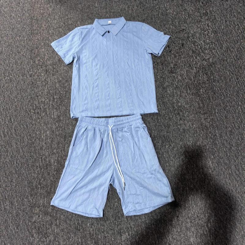 Men Casual Summer Turn Down Collar Short Sleeve Jacquard Polo Shirt And Shorts Set