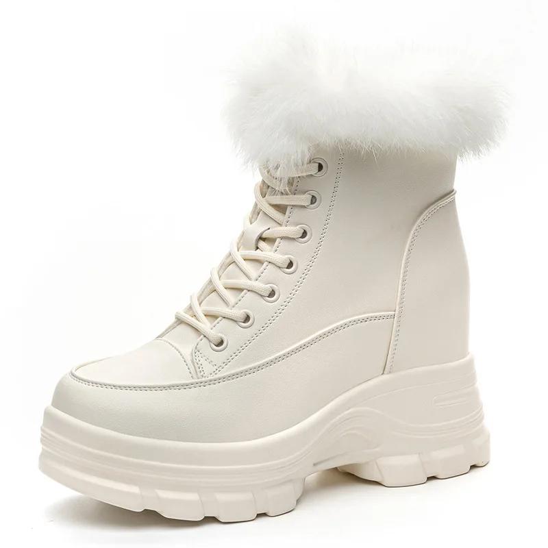Fashion 9CM Genuine Leather Fashion Women Ankle Booties Platform Wedge Flats Winter Plush Autumn Warm Boots Spring Shoes Chimney