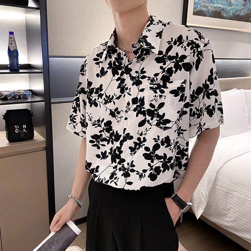 

Men s Clothing Broken Flowers Shirts Stylish Pockets Spliced Summer Turn-down Collar Loose Casual Vintage Single-breasted Shirts L белый