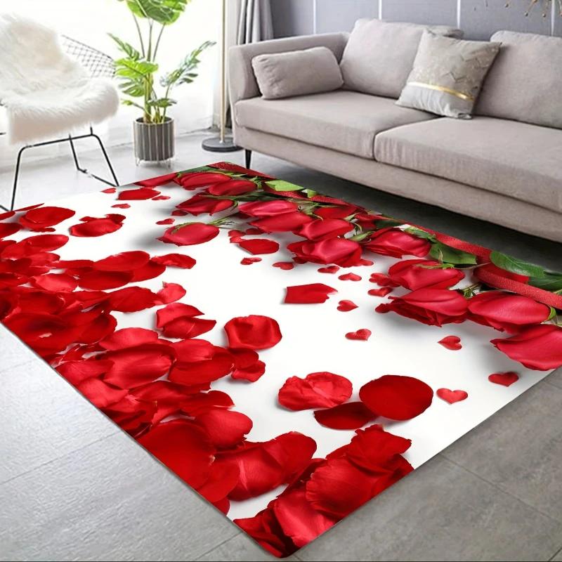 Golden Red Rose Print Home Decor Carpet Washable Floor Mat for Living Room Bedroom Kitchen Non Slip Sofa Coffee Table Area Rug