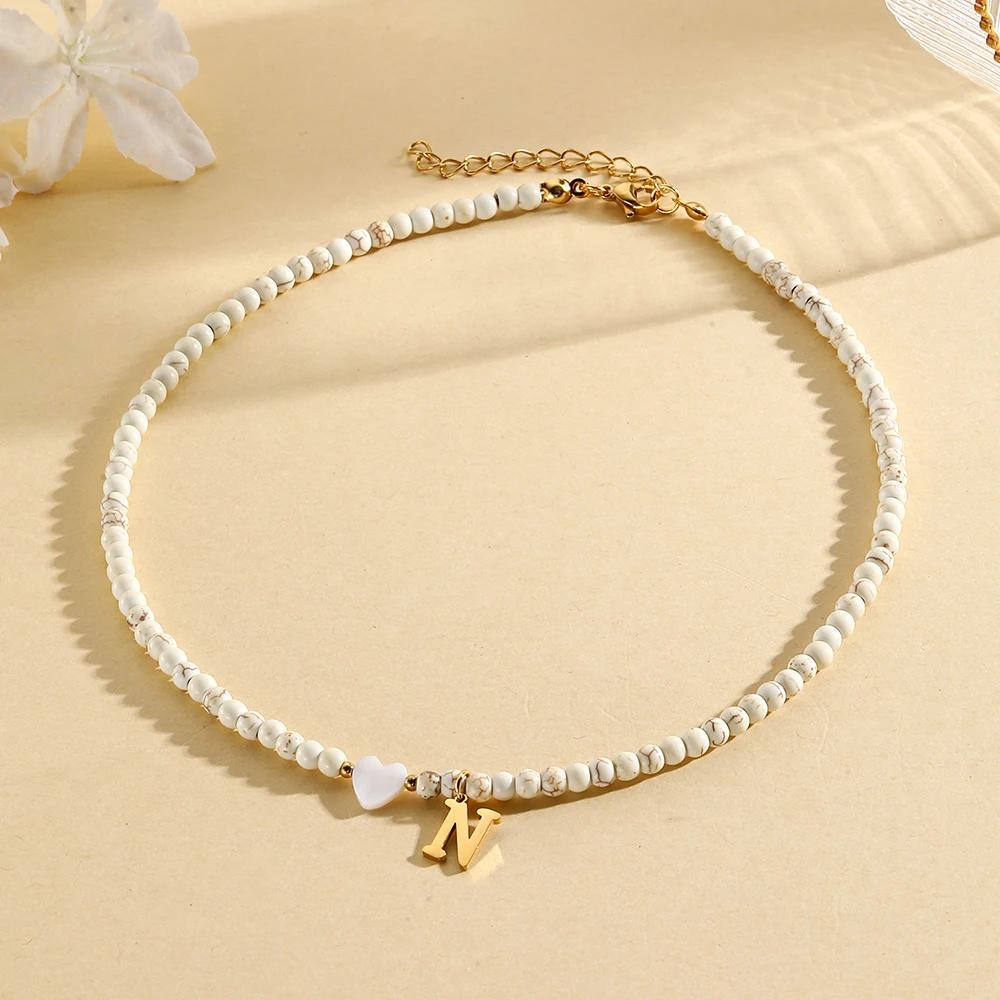 Bohemian Choker neck Initial necklaces heart-shaped shell letter pendant beads Women's stainless steel necklace woman trend2025