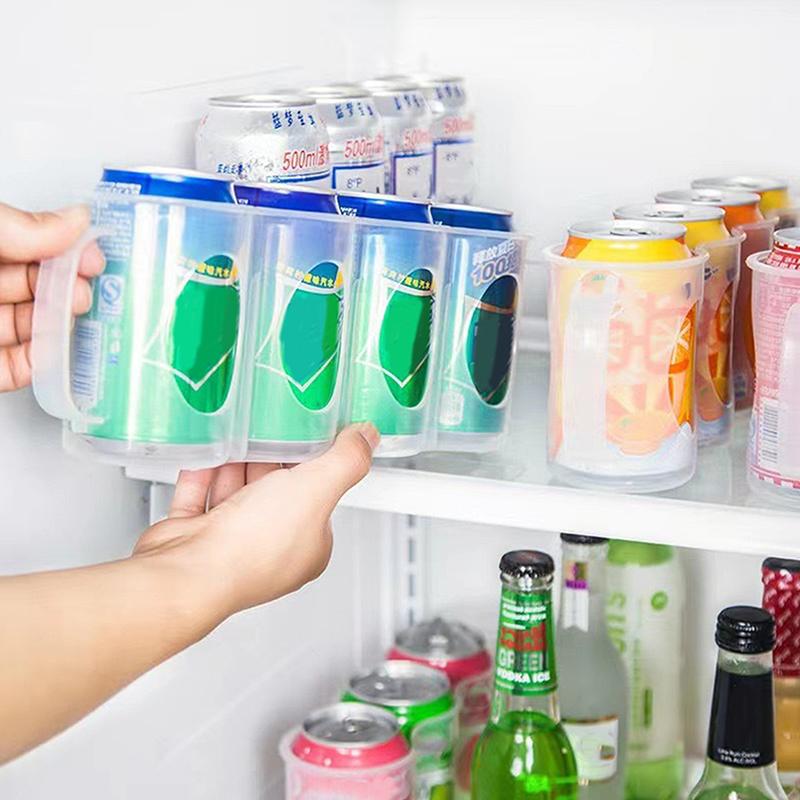 Transparent Refrigerator Can Organizer 4 Grids Beverage Storage Box with Handle Beer Soda Can Rack Stackable Fridge Storage