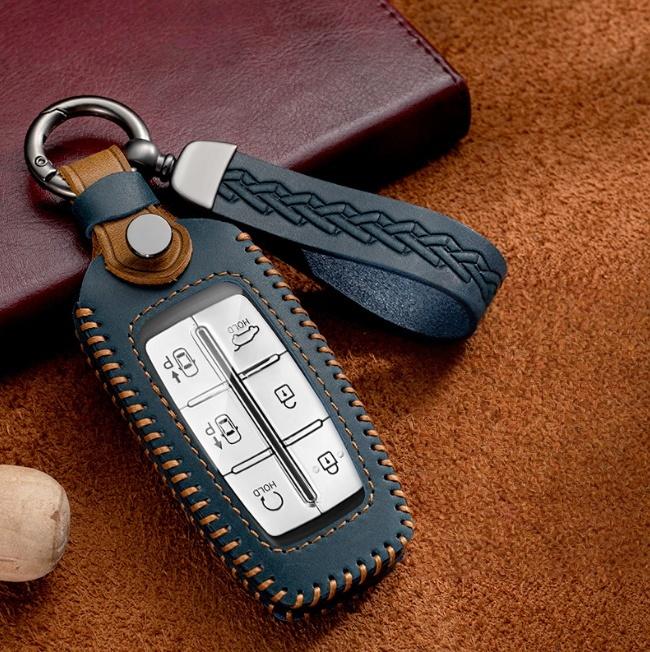Leather Car Key Case Smart Remote Fob Protector Cover Auto Accessories For Hyundai Genesis GV70 GV80 2021 2022 G70 G80 2023 2024