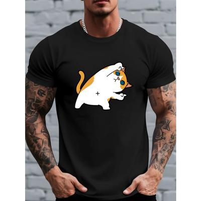 European Size Cartoon Cat Stretching and Practicing Yoga Printed T-Shirt, Comfortable for All Seasons,Daily Top for Men, Graphic T-Shirt, Comfortable
