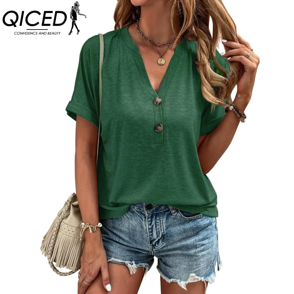 QICED Women's Fashion Casual Solid Color Print Short Sleeve V Neck Blouses & Shirts
