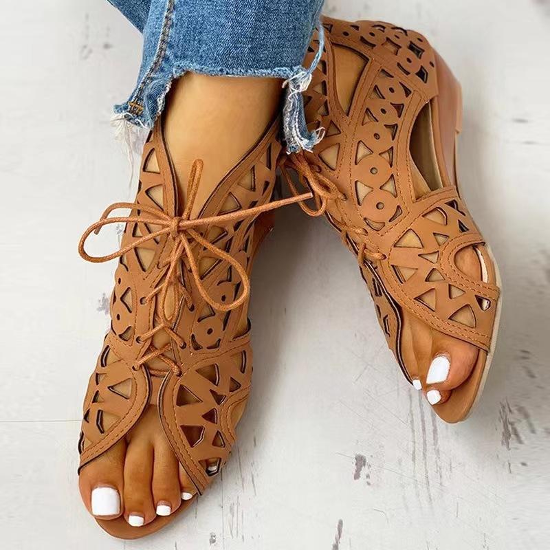 

Women s new wind front lace-up fish mouth hollow low slope heel rear zipper women s large size fashion sandals 42 темно-коричневого