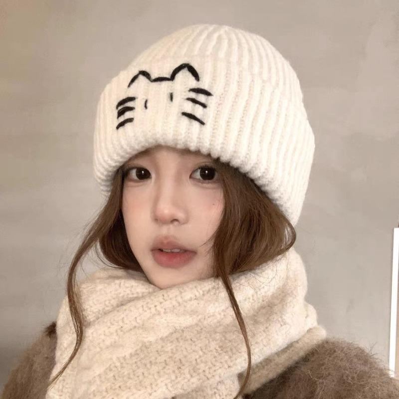 Embroidery Cute Kitten Wool Hat Female Autumn and Winter New Face Small Cold Hat Warm Ear Protection Cold Student Knitted Hat