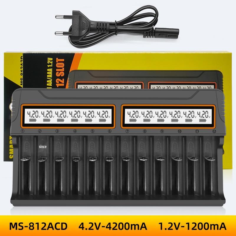 12-Slot Smart Charger for 18650, AA, AAA 3.7V Lithium Batteries with Universal Display