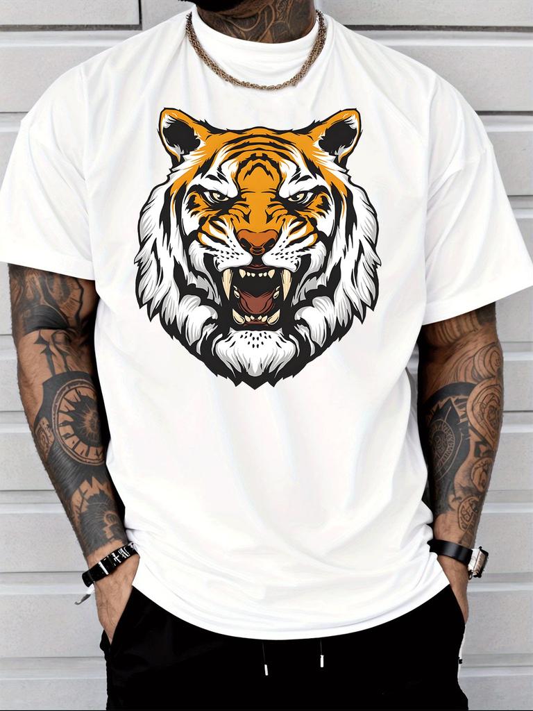 Unisex Summer Crew Neck Short Sleeve T Shirt Ferocious Tiger Head Graphic Print Casual Loose Streetwear Daily Fashion Tops For Unisex