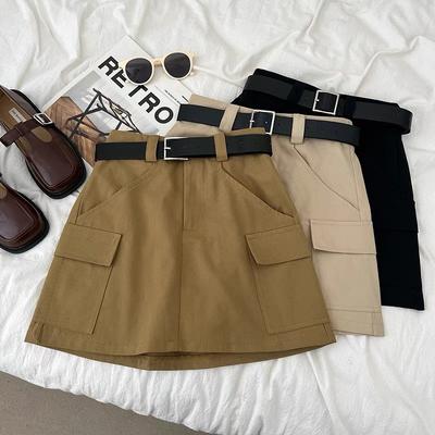 Moda Retro Falda Mini Ajustada de Cintura Alta para Mujer Bolsillo Doble Falda Corta Lisa Cadera Envuelto Femenino Faldas Línea A para Mujer con Cinturón 24274