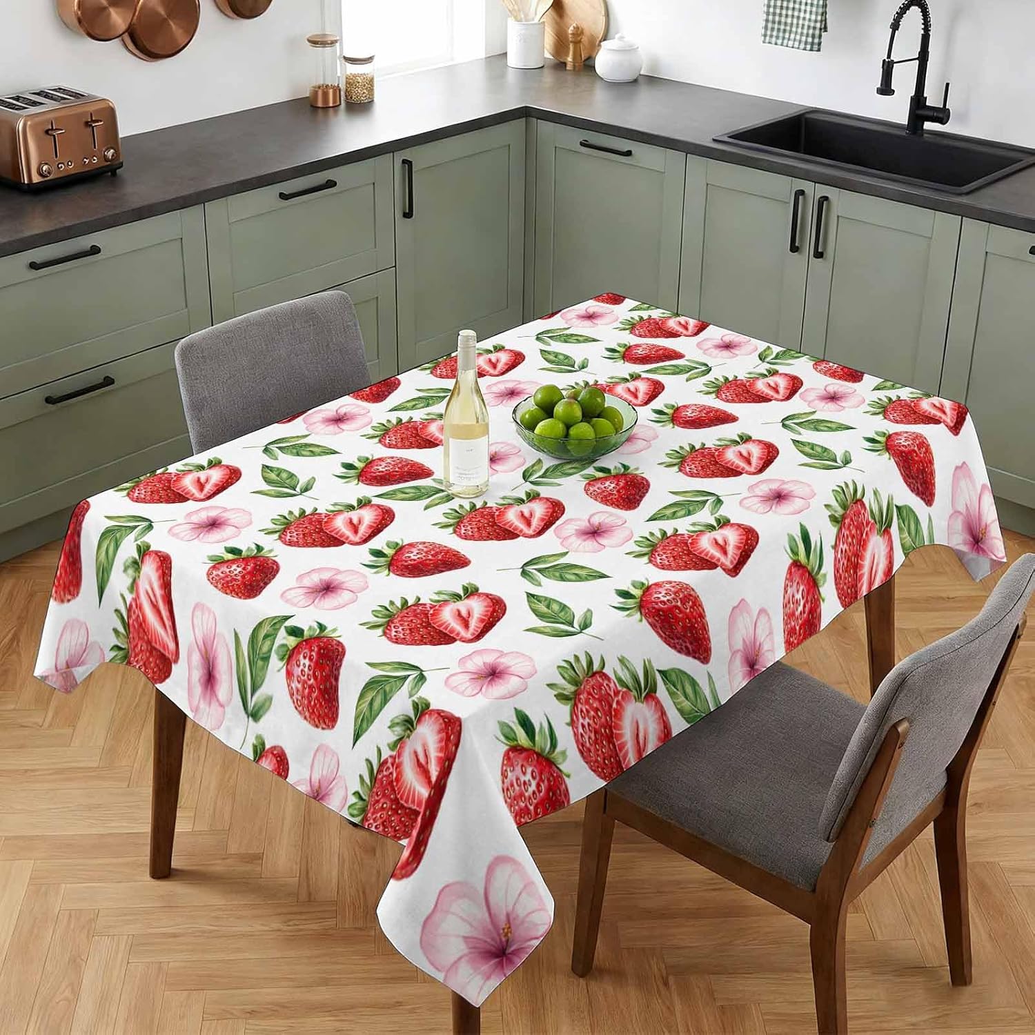 Zomer Aardbeienbloemen Rechthoekige Tafelkleed voor Tafeldecoratie Klassieke Bloemen Fruit Kunst Keuken Eetkamertafel Decoratie Bruiloftsdecoratie 140x180cm
