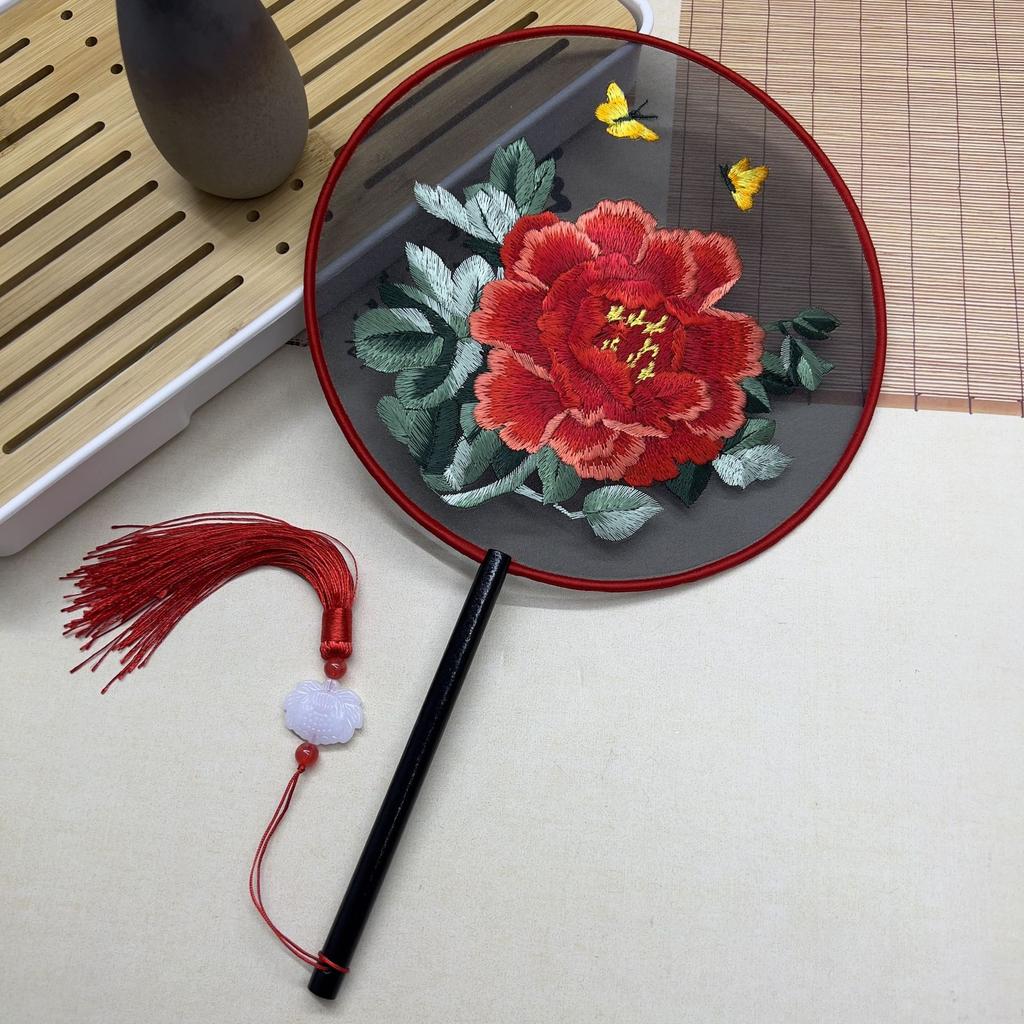 Red Flower Silk Fan Double Sided Embroidery Round Fan Chinese Palace Hanfu Hand Fan Craft Wedding Gift For Guests Home Decor
