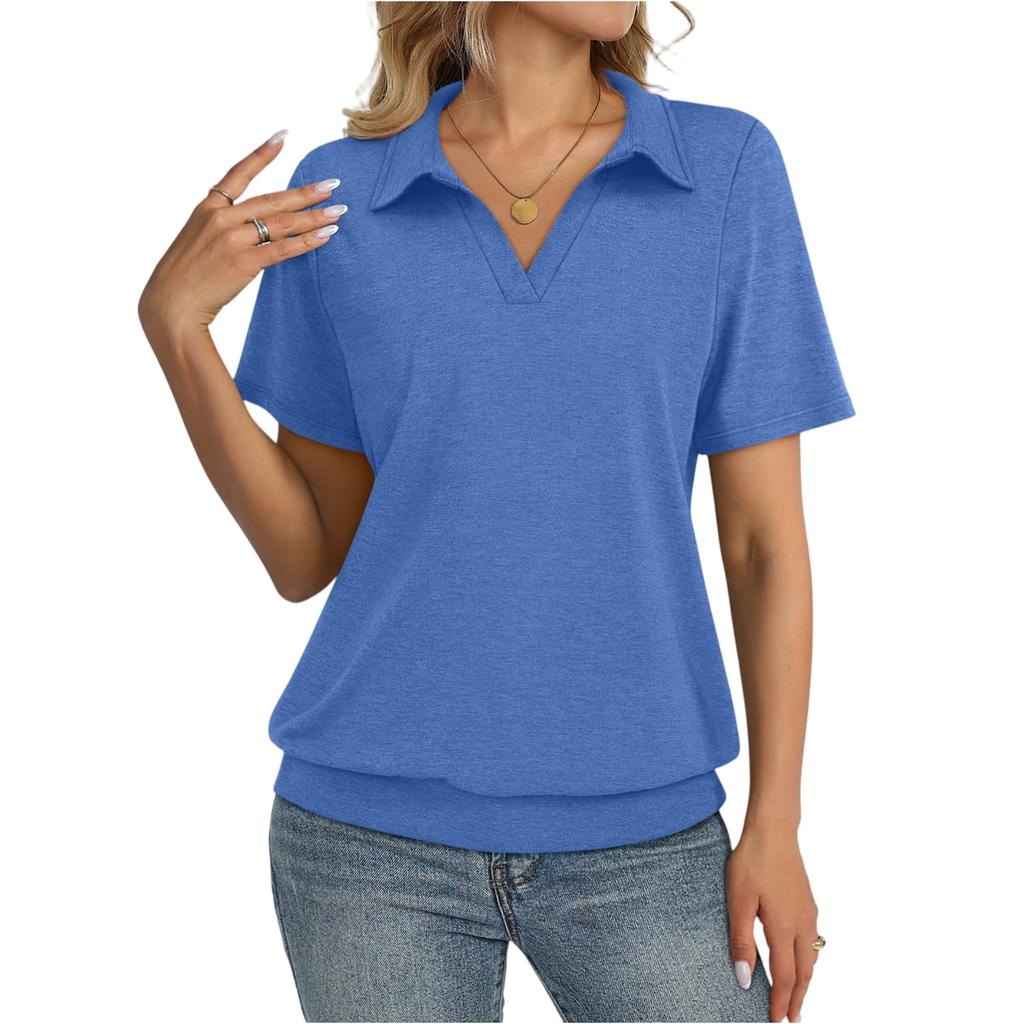 Women's Fashion Casual Lapel Short Sleeve Solid Color Shirt Women's Up Tops