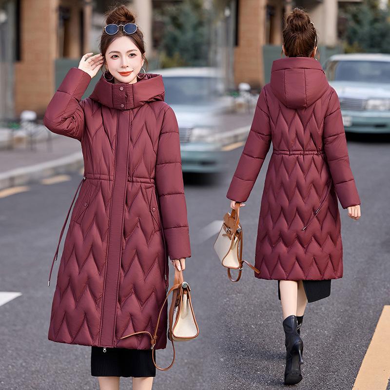 Thickened cotton-padded clothes for women's long winter over the knee, waist and thin cotton clothes for women's new fashion temperament cotton-padd