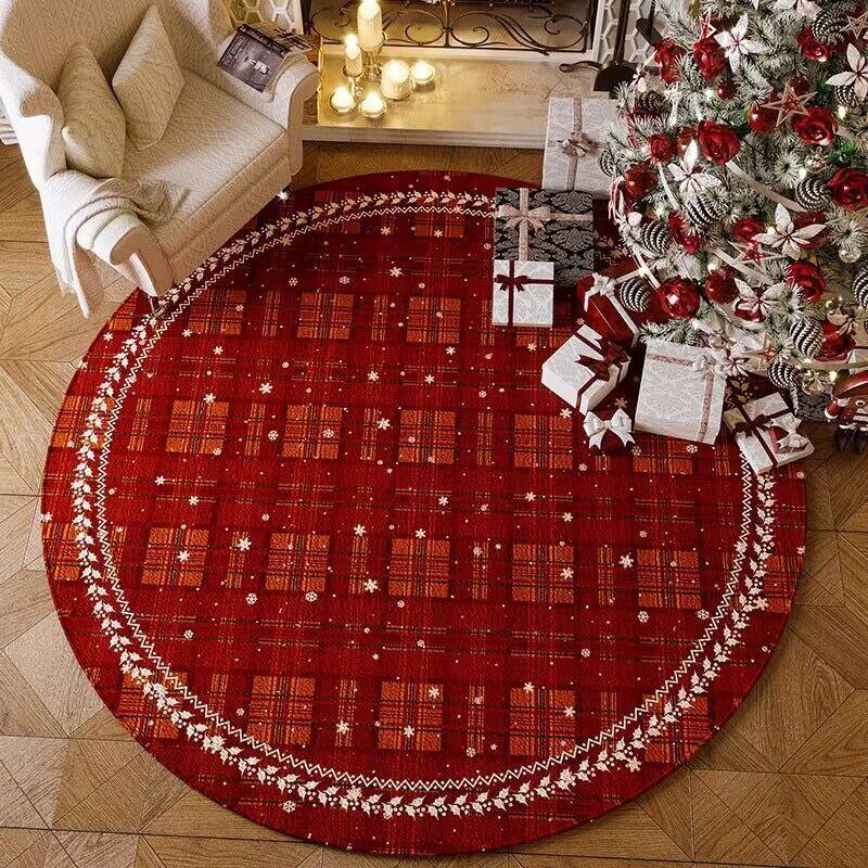 Christmas Red Plaid Snowflake Carpet Non-slip Mat Rug for Christmas Tree Living Room Home Decoration Easy Clean Bedroom Decor