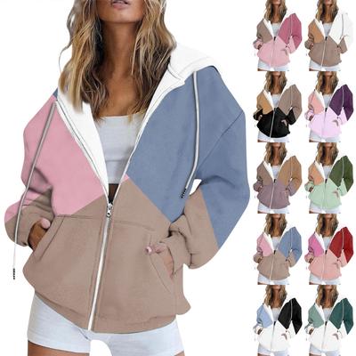 Women's Long Sleeve Geometric Patchwork Printed Sweatshirt Pocket Zipper Hooded Jacket