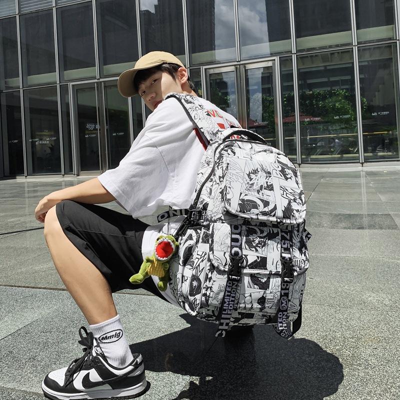 Schoolbag Male Comics Large Capacity Junior High School Student Campus Backpack Trendy Cool Street Newspaper Backpack