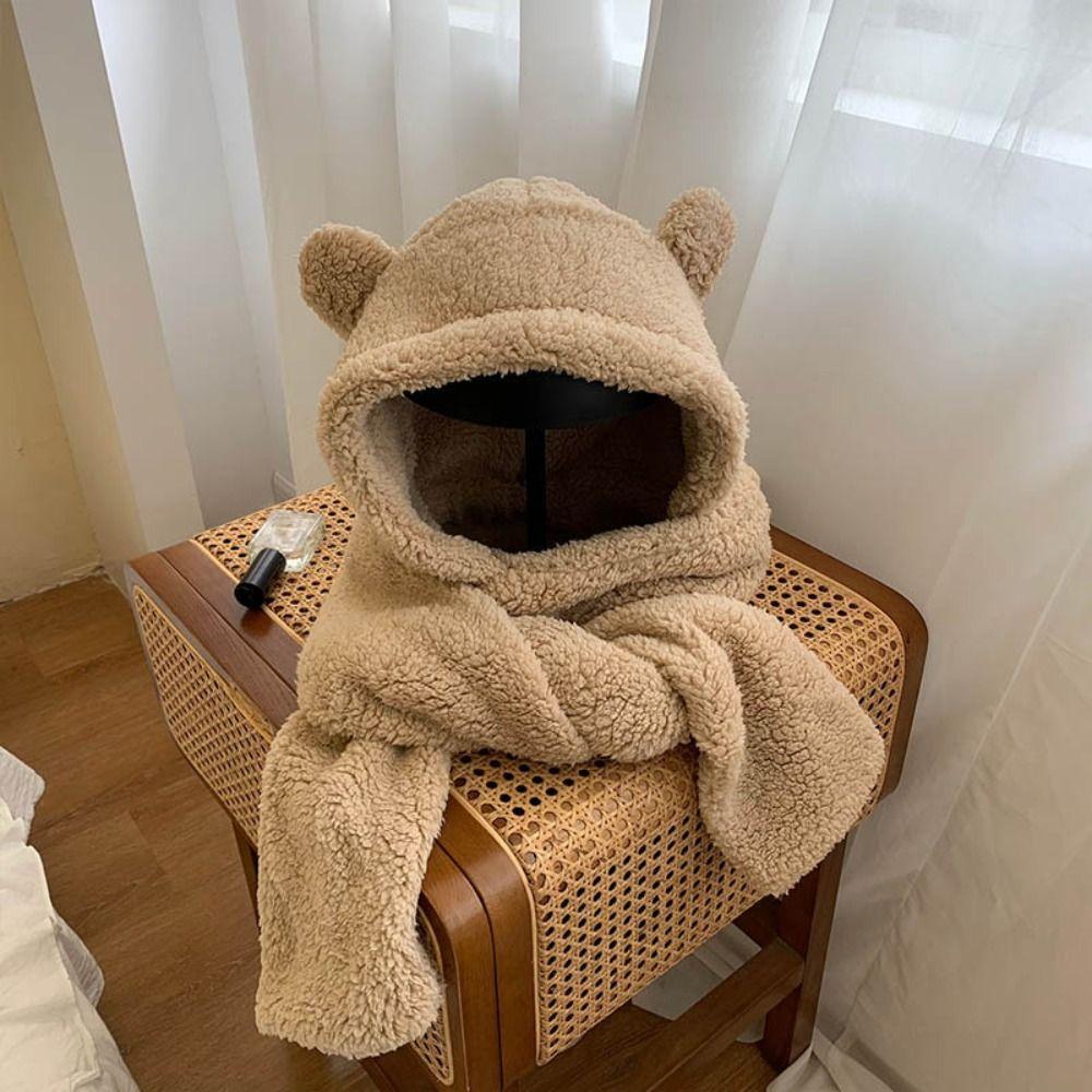 3 in 1 Plush Scarf Hat Gloves Earmuffs Fleece Scarves Hat Sweet Bear Ear Plush Beanie  Autumn