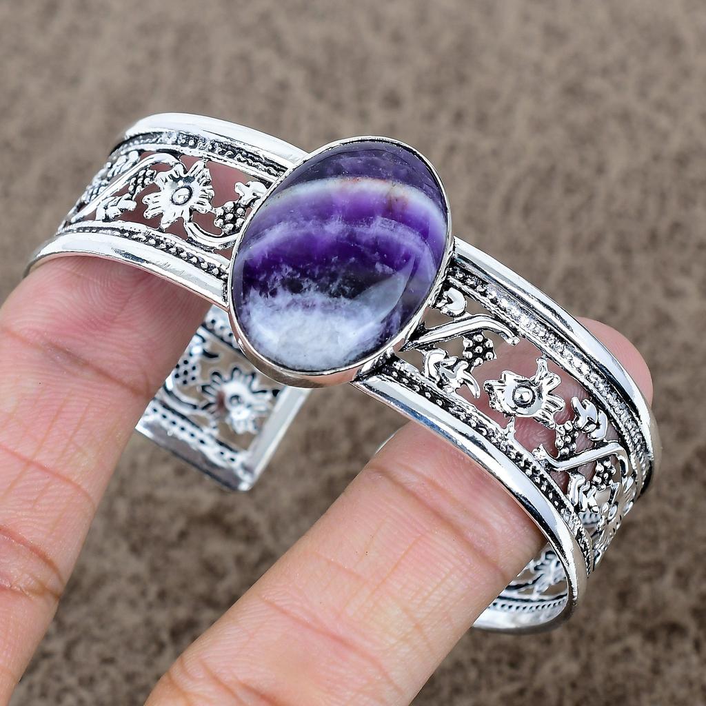 Chevron Amethyst Gemstone 925 Sterling Silver Cuff Bangle Adjustable KKG-773