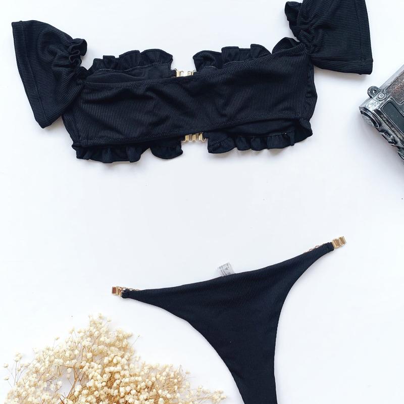 Costume da bagno da donna in pizzo tinta unita manica corta bikini sexy catena perizoma costumi da bagno brasiliani da spiaggia
