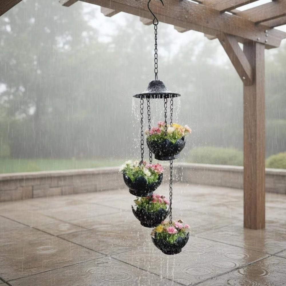 Weather-Resistant Lotus Shaped Hanging Planter Iron Multi-Tier Flower Pots Eave Rain Chain Balcony