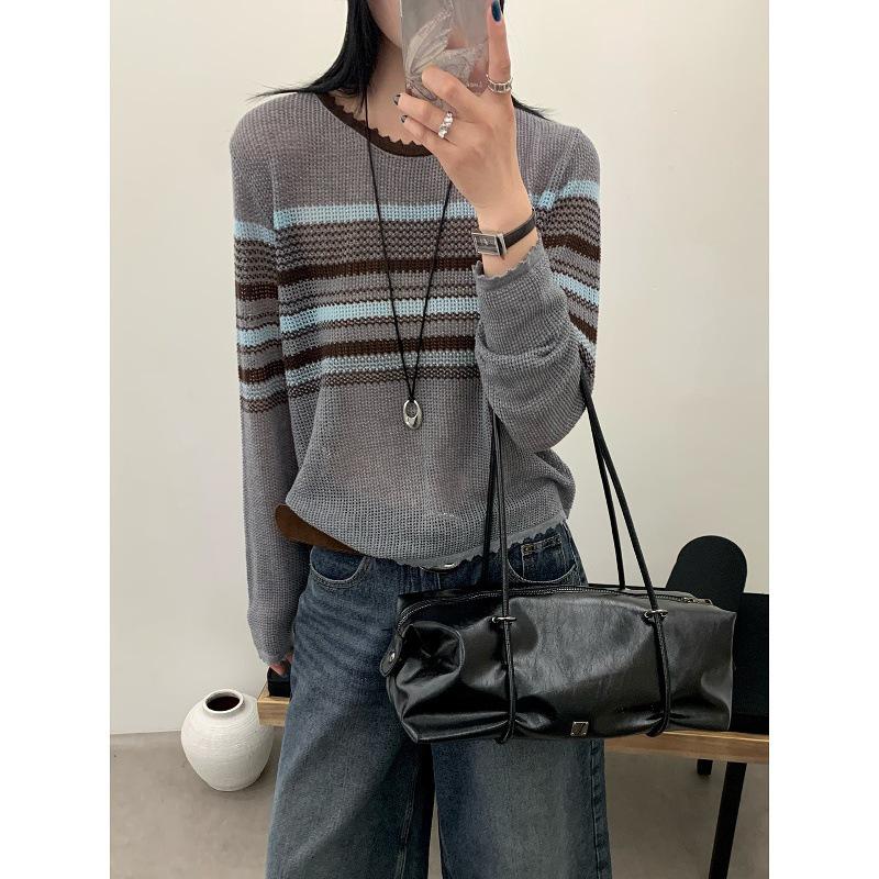 Chic Korean-Style Striped Knit Sweater for Women - 2025 Long Sleeve Hollow Out Top