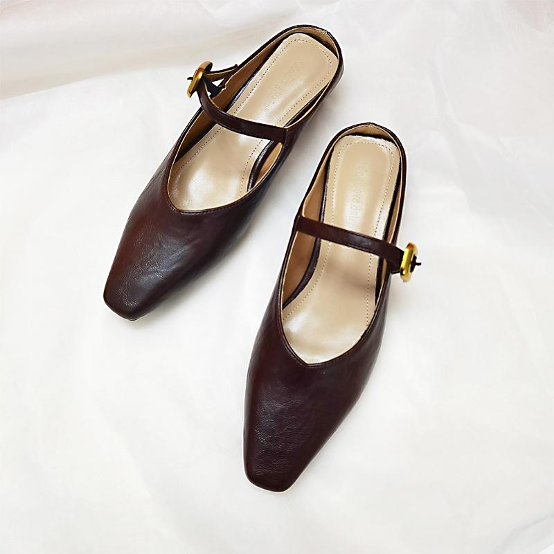 

Новые дизайнерские винтажные женские тапочки с закрытым носком, слипоны, мюли, женская повседневная уличная обувь, сандалии на низком каблуке, zapatos mujer 40 шоколадный