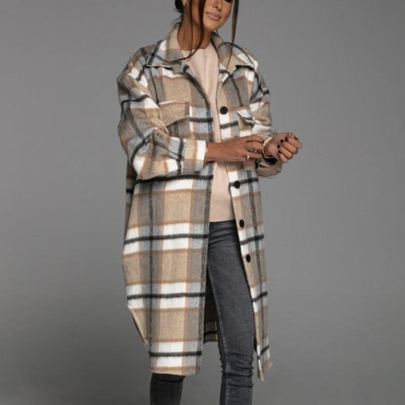 RUGOD Coat Women's Fashionable Loose Autumn and Winter New Design Plaid Stitching Pockets Long-sleeved Mid-length Cardigan