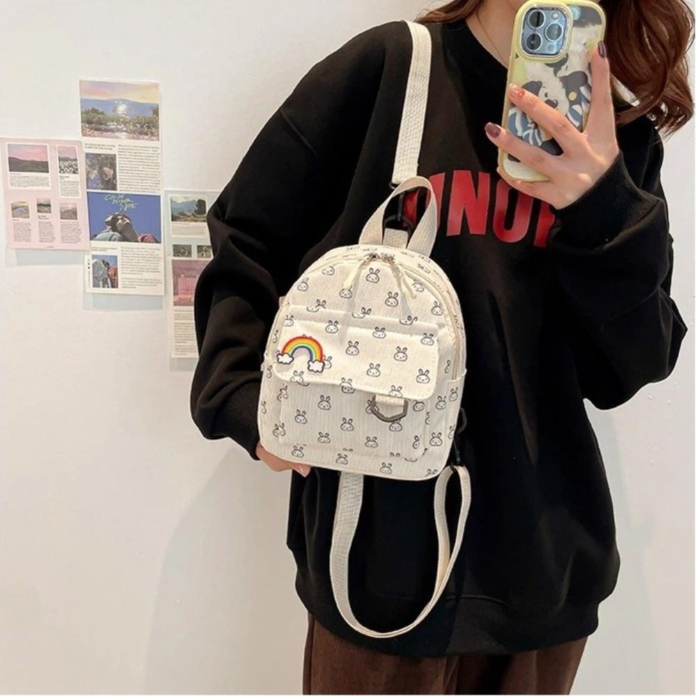 Fashion Cartoon Printed Mini Backpack Adjustable Shoulder Strap Corduroy Small Schoolbag Zipper Women's Backpack Women