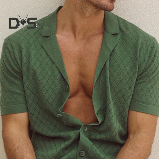 Herren-Jacquard-Strickhemd, kurzärmelig, Button-Down-Oberteil mit kubanischem Kragen, Rautengittermuster, Freizeithemd für den Alltag, Partys, Reisen
