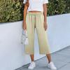 Women Drawstring Waist Loose Fit Cotton Linen Cropped Pants with Back Pocket Relaxed Fit Casual Seven Eighths Trousers for Daily Wear