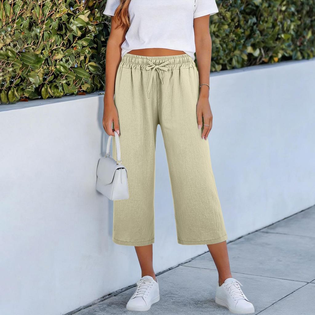 Women Drawstring Waist Loose Fit Cotton Linen Cropped Pants with Back Pocket Relaxed Fit Casual Seven Eighths Trousers for Daily Wear