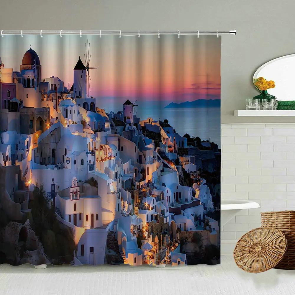 European Seaside Village Scenery Shower Curtain Nature Landscape Bathroom Accessories Decoration Bathtub Screen With Hooks