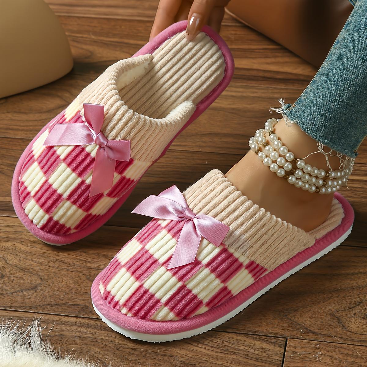 

[Cozy Checkered Slippers] Soft Knit Cozy Checkered Slip-On Slippers with Bow | EVA Sole, Indoor Comfort, Valentine s Gift for Women and Men 44-45