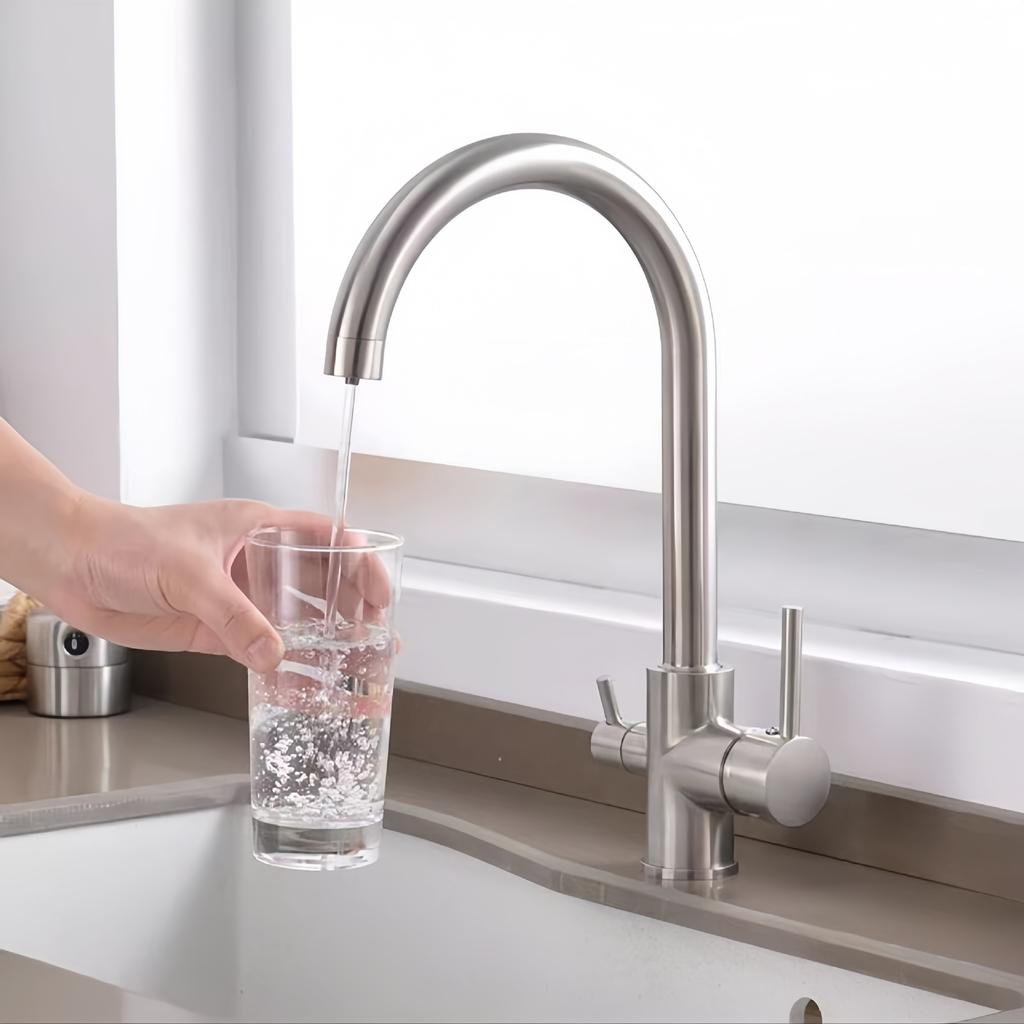 Chrome Dual Handle Filtered Crane For Kitchen, 360 Rotation Water Filter Tap Three Ways Sink Mixer Kitchen Faucet