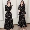 Korean version of floral V-neck dress women's French autumn new long-sleeved thin Platycodon medium and long A-shaped long dress