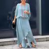 Women Chiffon Top Pants Set Spring Summer Casual Two Piece Crew Neck Top Wide Leg Pant Flowy Wedding Guest Outfit