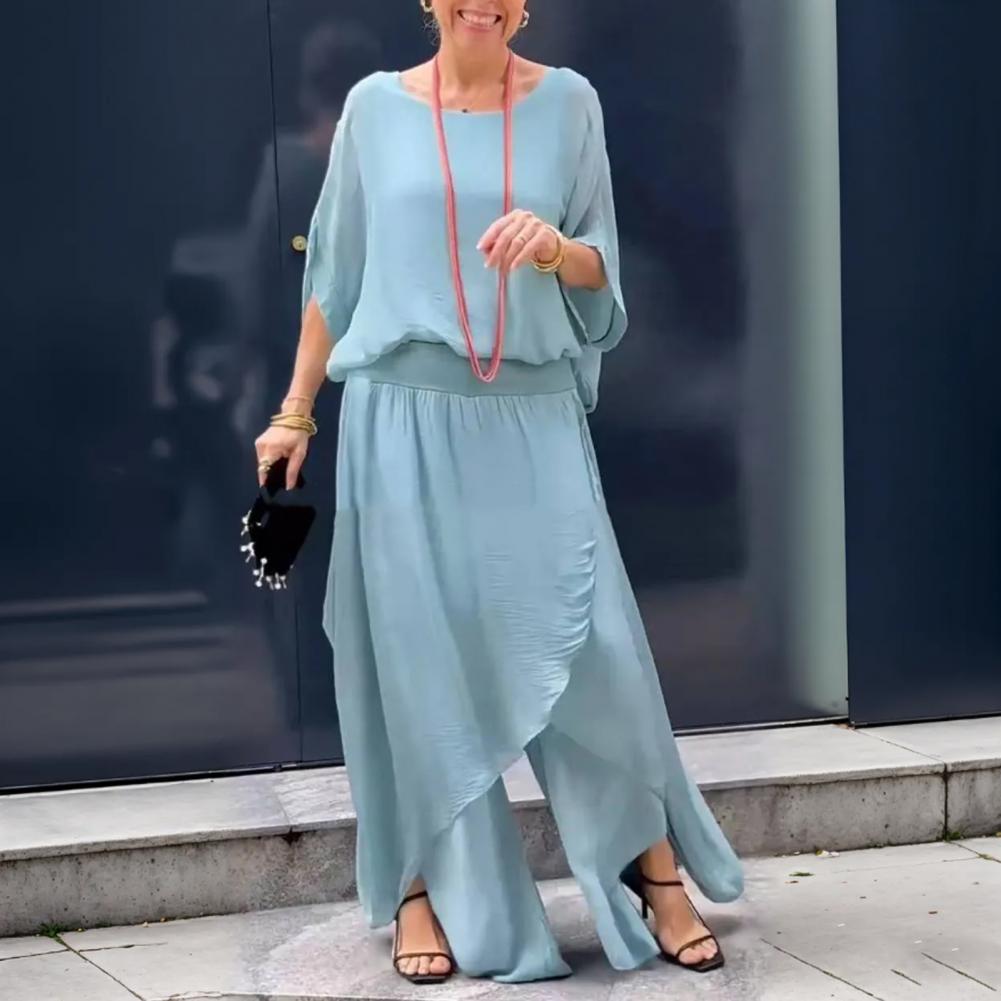 Women Chiffon Top Pants Set Spring Summer Casual Two Piece Crew Neck Top Wide Leg Pant Flowy Wedding Guest Outfit