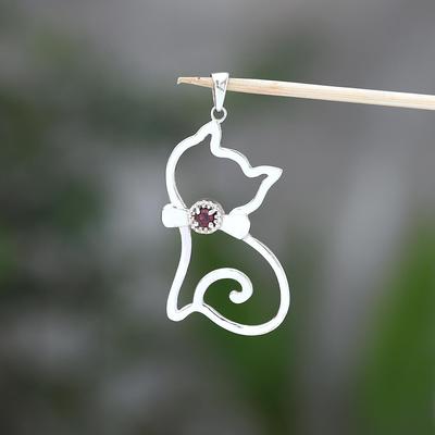 Garnet Cat Pendant Solid 925 Sterling Silver Handmade Women Jewelry Animal Jewelry