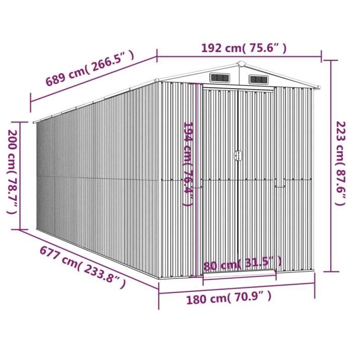 3147477 vidaXL Abri de jardin Marron clair 192x689x223 cm Acier galvanisé