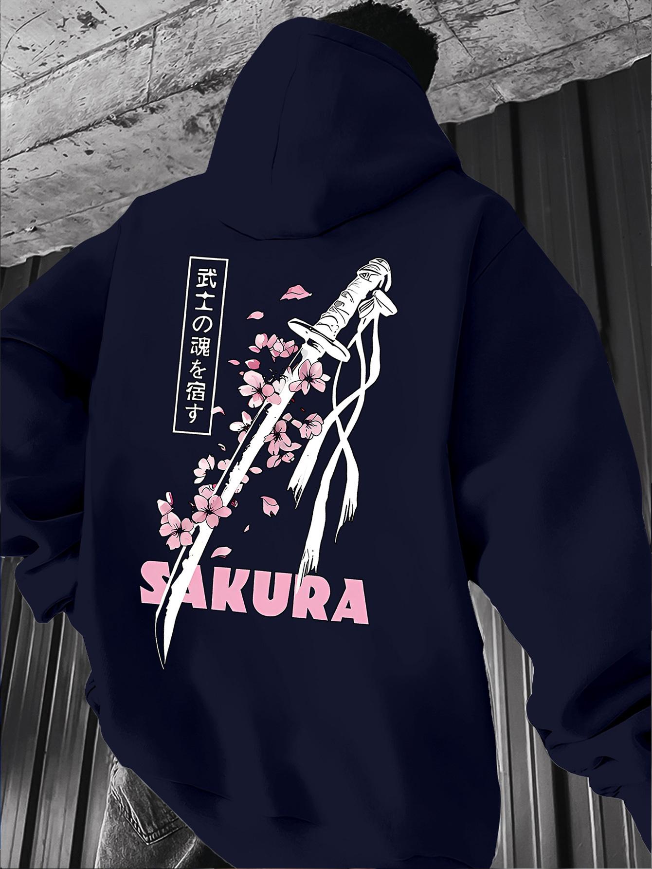 Samurai Seele Japanische Zeichen Katana Kirschblüten Druck Herren Hip Hop Sport Hoodie, Harajuku Straße Lässiges Sweatshirt 3XL grün