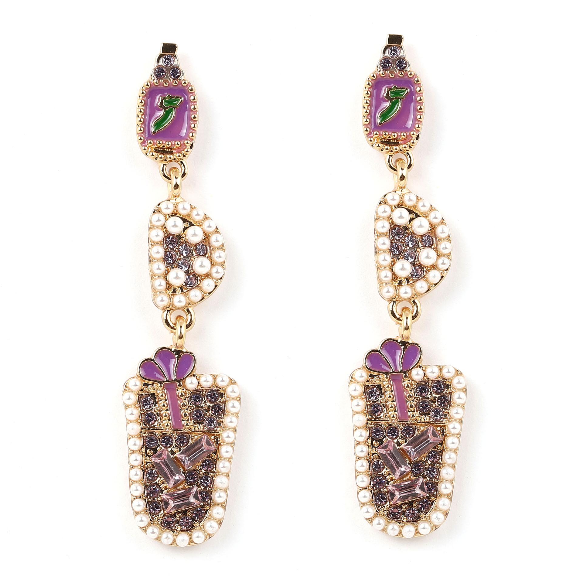 Europe and the United States new popular long connection fashion creative personality drip alloy diamond with pearl earrings фиолетовый