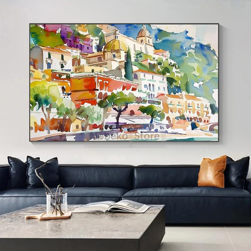 Italian Amalfi Coast Cityscape Poster Positano Watercolor Coastal Landscape Prints Canvas Painting Wall Art Home Room Decoration