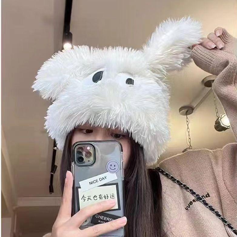 Women Cute Puppy Ear Christmas Winter Big Eyes Plush Beanies Cute Puppy Ear Wool Hat  Cute Thick Plush Knitted Hat Warm Gift белый